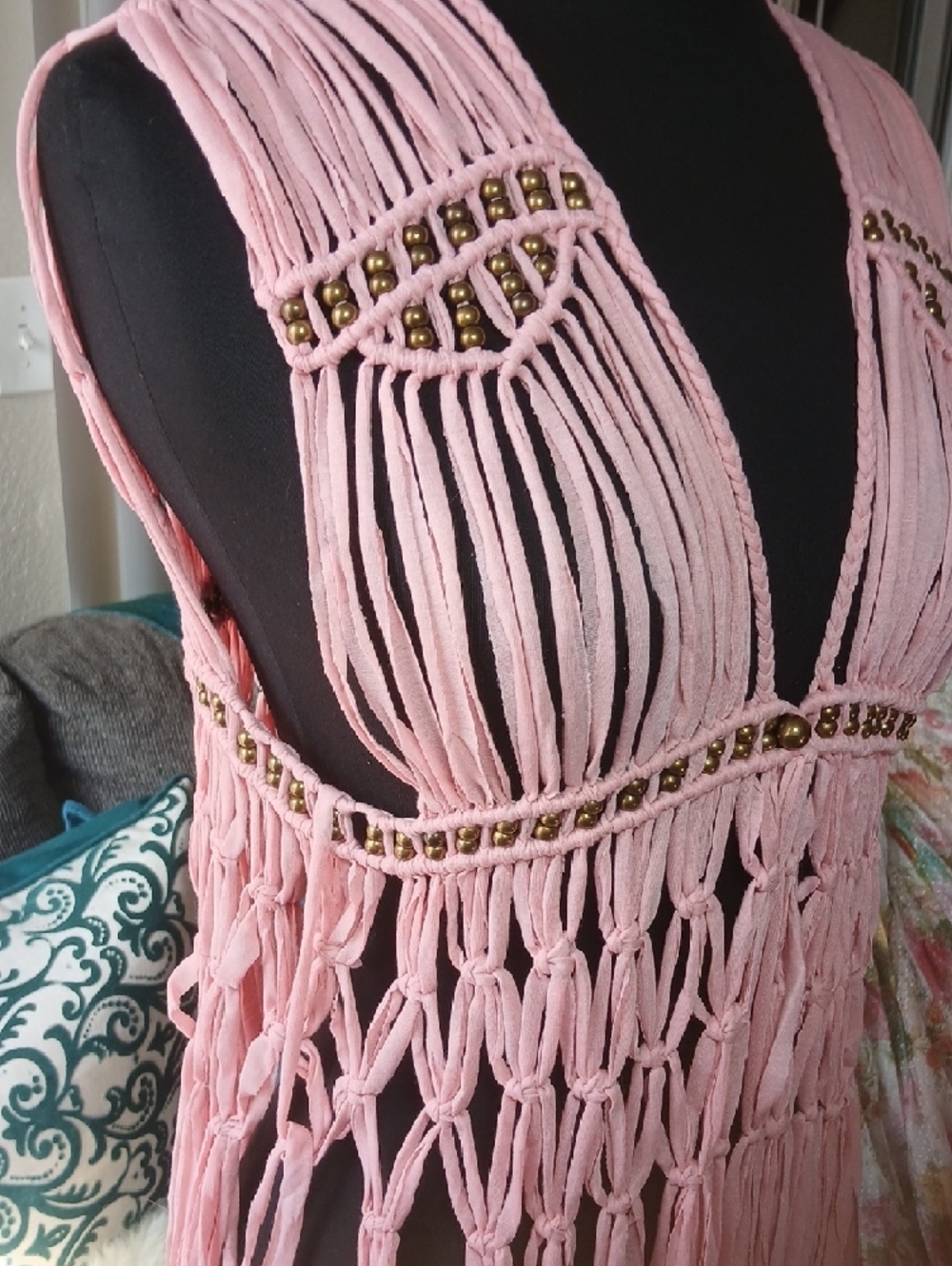 Boho Pink Macramé Fringe Vest with Beaded Trim